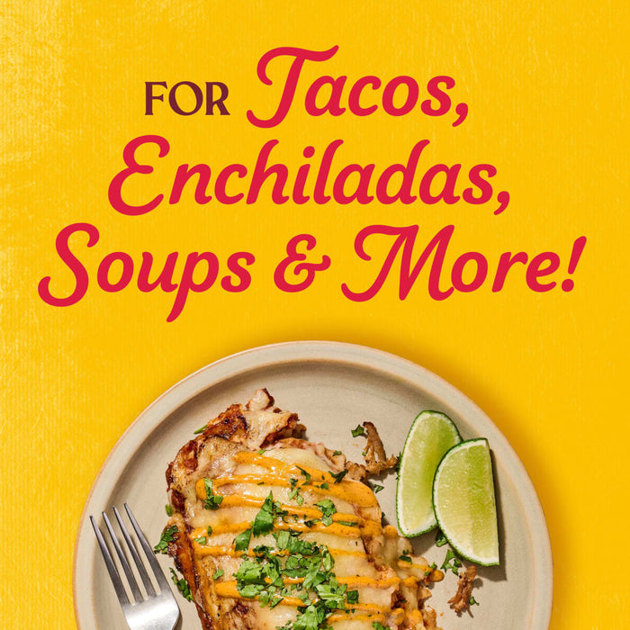 A plate of enchiladas with lime wedges and a fork with text above that reads For Tacos Enchiladas Soups &amp; More!