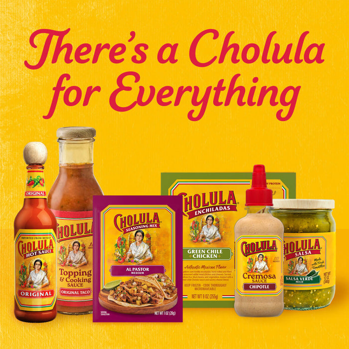A variety of Cholula brand products are displayed, emphasizing the slogan There's a Cholula for Everything.