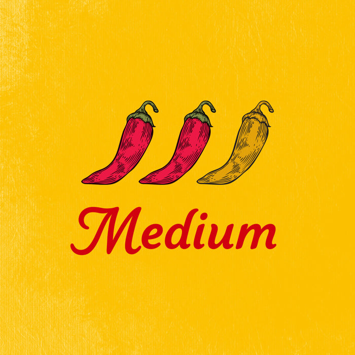 An illustration of three chili peppers with the text "Medium Heat" indicating the spice level.