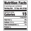 Nutrition facts label showing that one serving contains 15 calories, 0g of fat, 290mg of sodium, 3g of carbohydrates, and 0g of protein.
