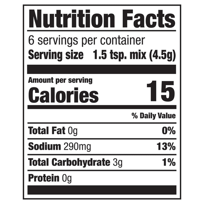 Nutrition facts label showing that one serving contains 15 calories, 0g of fat, 290mg of sodium, 3g of carbohydrates, and 0g of protein.