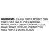 The image shows the ingredient list for a food product, including guajillo pepper, modified corn starch, and various spices.