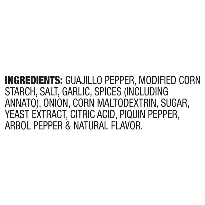 The image shows the ingredient list for a food product, including guajillo pepper, modified corn starch, and various spices.