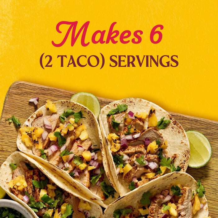 A recipe image showing six tacos, indicating it makes six servings of two tacos each.