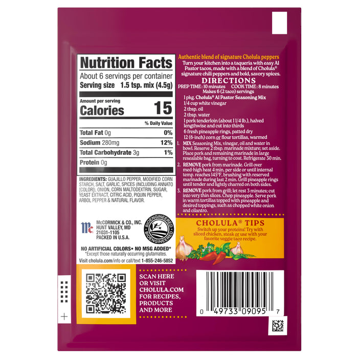 The back of a package of Cholula Medium Al Pastor Seasoning Mix 1 Oz displays nutrition facts, ingredients, and detailed cooking directions for making authentic tacos.