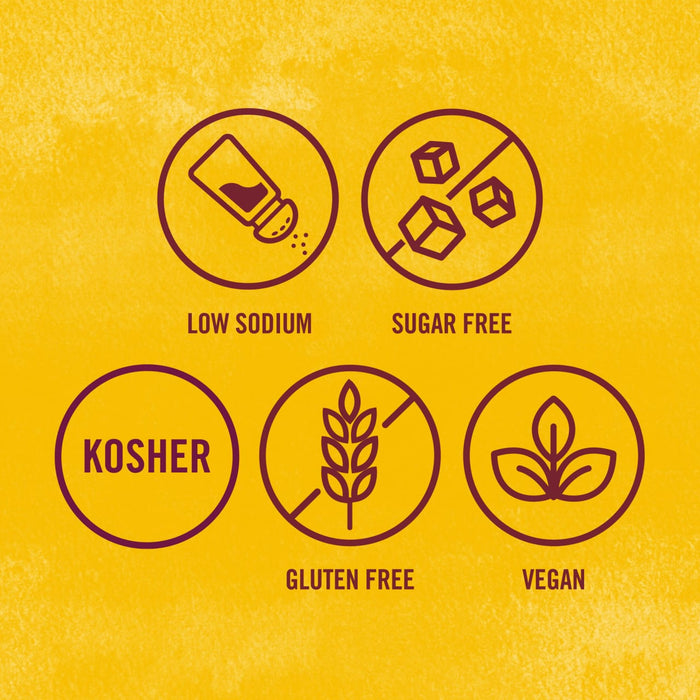 This illustration shows the product is low sodium, sugar free, kosher, gluten free, and vegan.