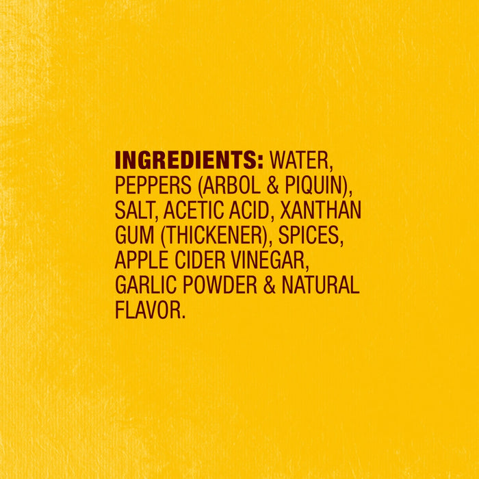 A list of ingredients for a product, including water, peppers, salt, acetic acid, xanthan gum, spices, apple cider vinegar, garlic powder, and natural flavor.