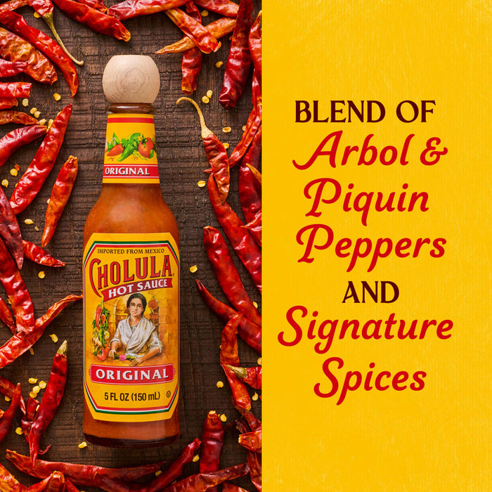 A bottle of Cholula Original Hot Sauce with a description of the ingredients.