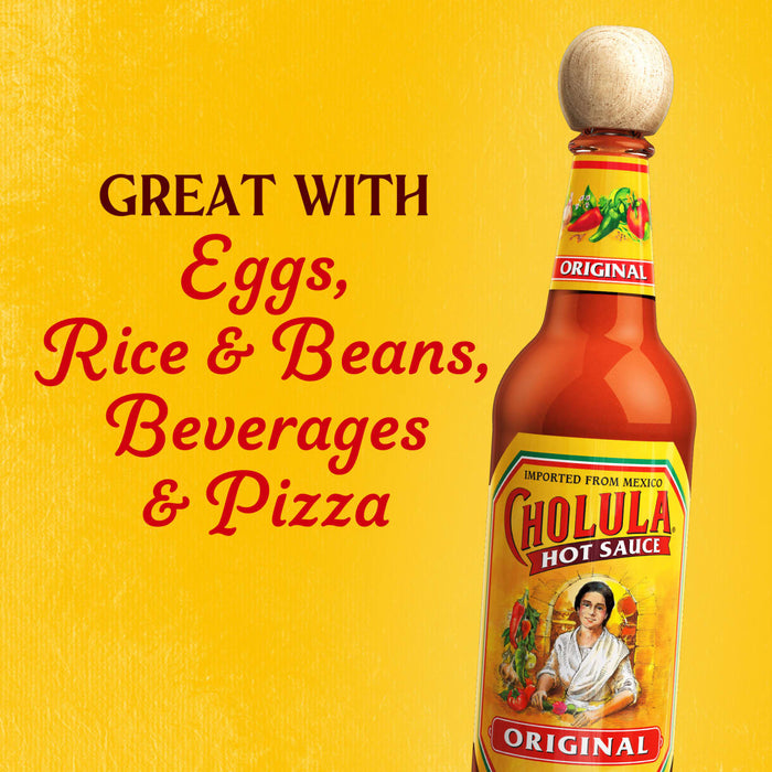 A bottle of Cholula Original Hot Sauce with text that says Great with Eggs, Rice &amp; Beans, Beverages &amp; Pizza.