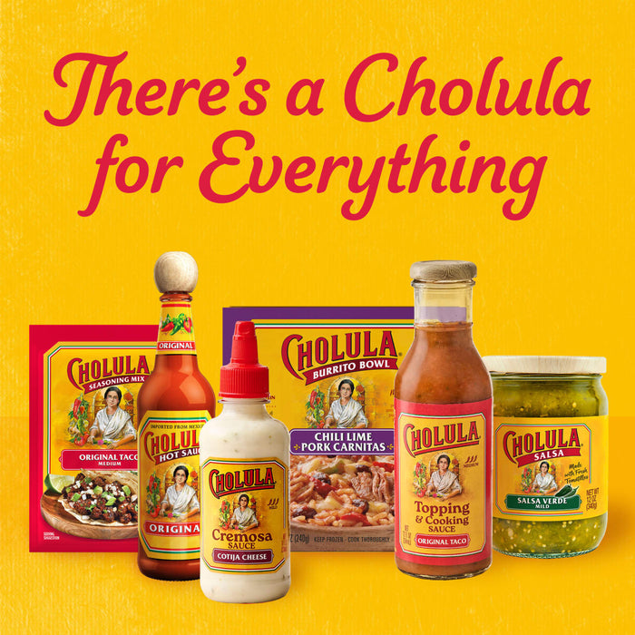 A variety of Cholula brand products are displayed with the text There's a Cholula for Everything.