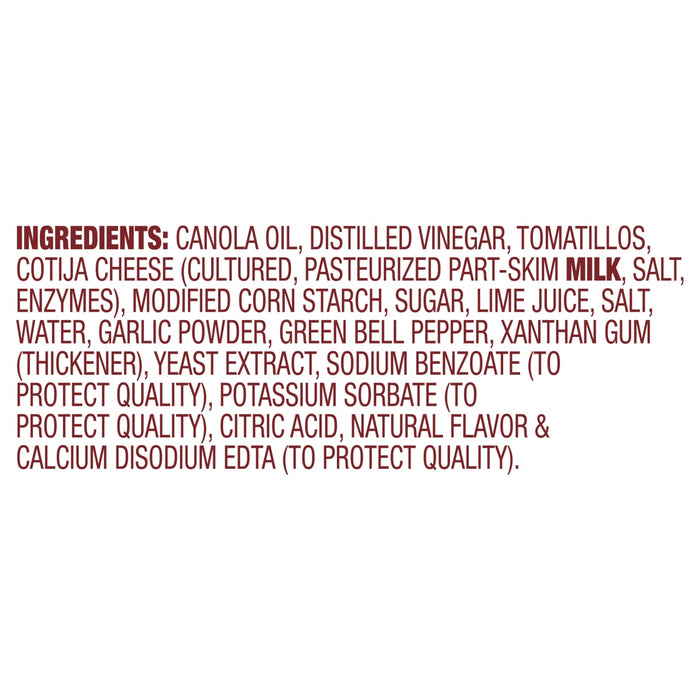 The image shows the ingredient list for a food product, including canola oil, distilled vinegar, tomatillos, and cotija cheese.