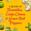 A blend of tomatillos, cotija cheese, and green bell peppers is displayed on a yellow background.