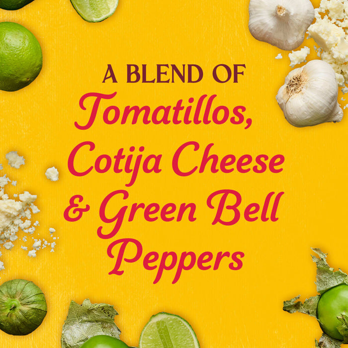 A blend of tomatillos, cotija cheese, and green bell peppers is displayed on a yellow background.