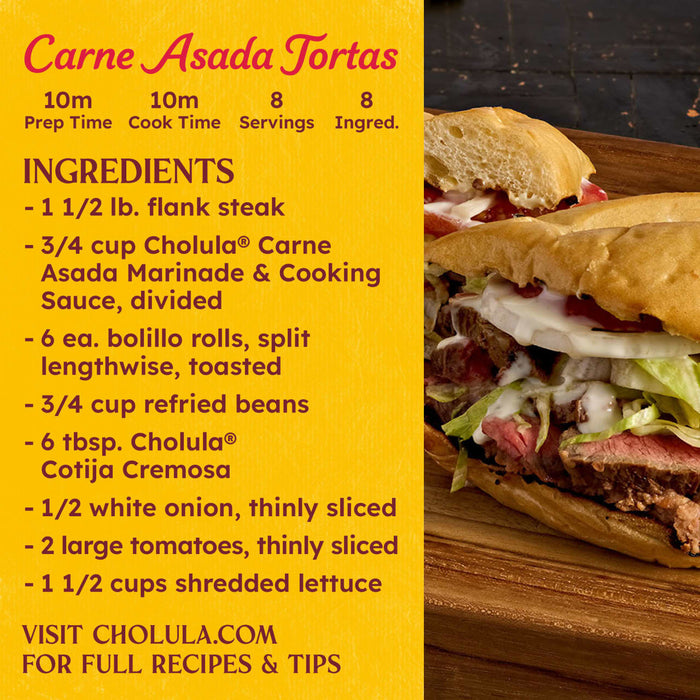 This image shows a Cholula Carne Asada Tortas recipe with ingredients and a close-up of the finished torta.