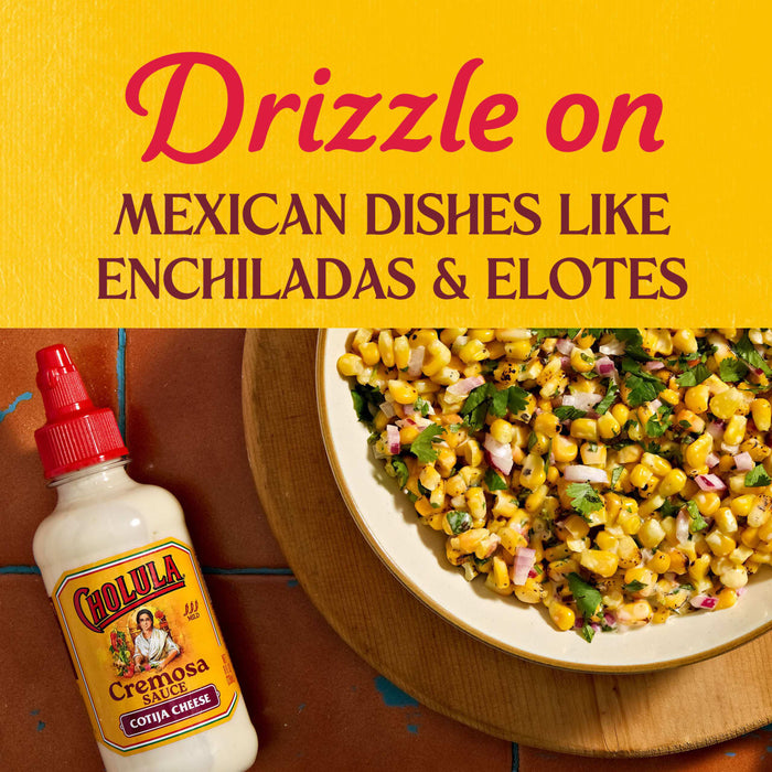 A bottle of QUESO OBRERA Creamy Queso is shown next to a plate of elotes, with the text Drizzle on Mexican dishes like enchiladas &amp; elotes.