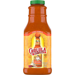 A bottle of Cholula Chili Garlic Hot Sauce.