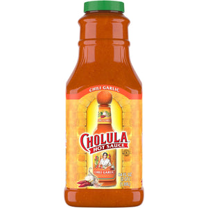 A bottle of Cholula Chili Garlic Hot Sauce.