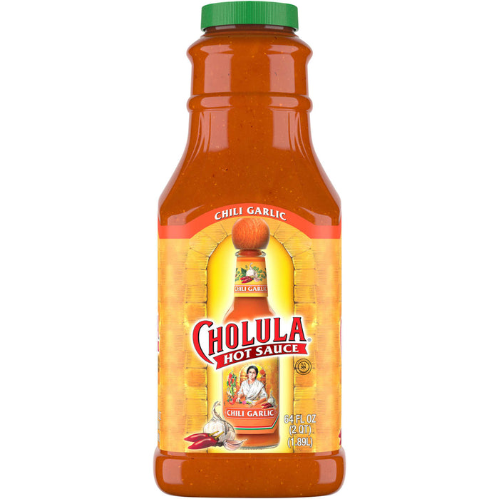 A bottle of Cholula Chili Garlic Hot Sauce.