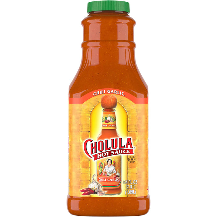A bottle of Cholula Chili Garlic Hot Sauce.