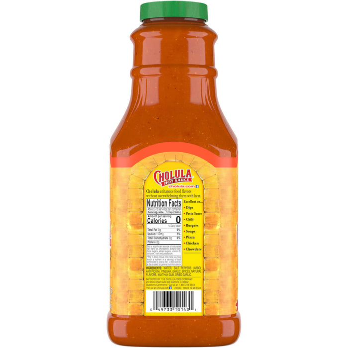 A bottle of Cholula Hot Sauce with nutritional information and ingredients listed on the label.