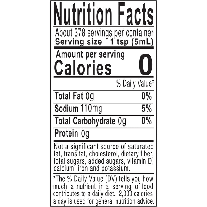 Nutrition facts label for a product with 0 calories per serving.
