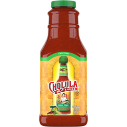 A bottle of Cholula Chili Lime Hot Sauce.