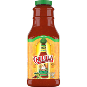 A bottle of Cholula Chili Lime Hot Sauce.