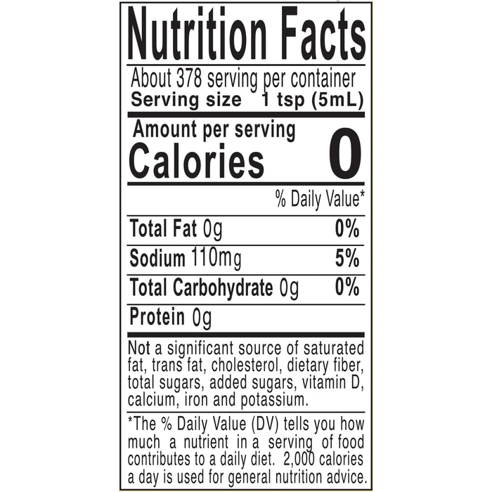 Nutrition facts label for a product with 0 calories per serving.
