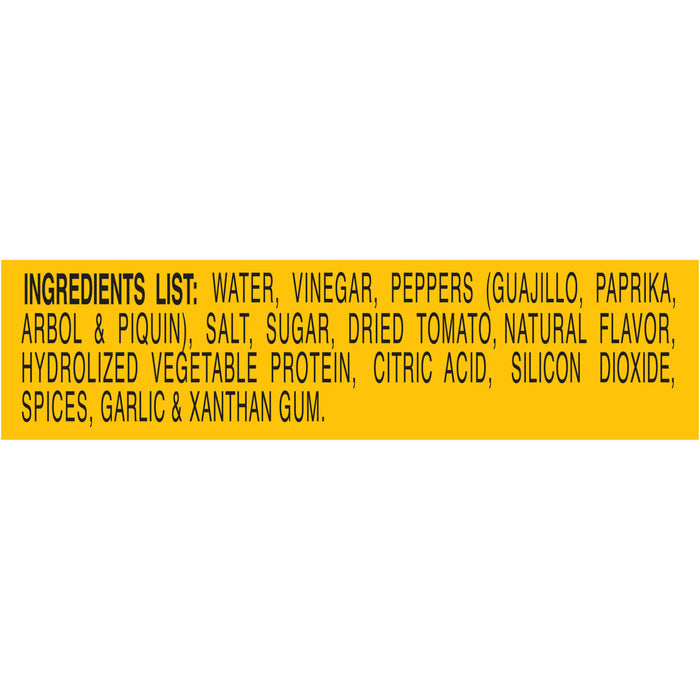 Ingredients list for a product containing water, vinegar, peppers, salt, sugar, dried tomato, natural flavor, hydrolyzed vegetable protein, citric acid, silicon dioxide, spices, garlic and xanthan gum.