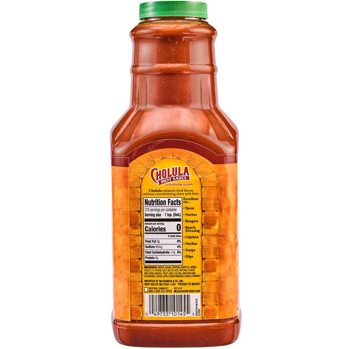 This is a bottle of Cholula hot sauce with its nutrition facts and ingredients listed on the label.