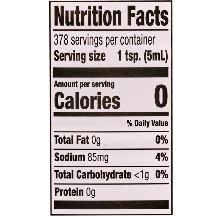 Nutrition facts label showing that one teaspoon serving size contains zero calories zero grams of total fat 85mg of sodium less than one gram of total carbohydrate and zero grams of protein.