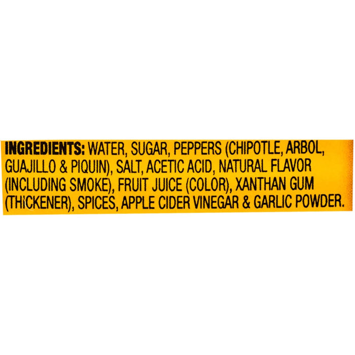 The image shows the ingredient list for a food product including water sugar peppers (chipotle arbol guajillo &amp; piquin) salt acetic acid natural flavor (including smoke) fruit juice (color) xanthan gum (thickener) spices apple cider vinegar &amp; garlic powder.