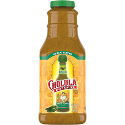 A bottle of Cholula Green Pepper Hot Sauce.