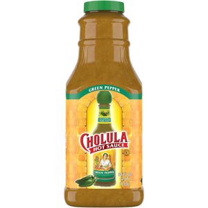 A bottle of Cholula Green Pepper Hot Sauce.