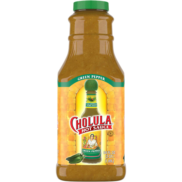 A bottle of Cholula Green Pepper Hot Sauce.