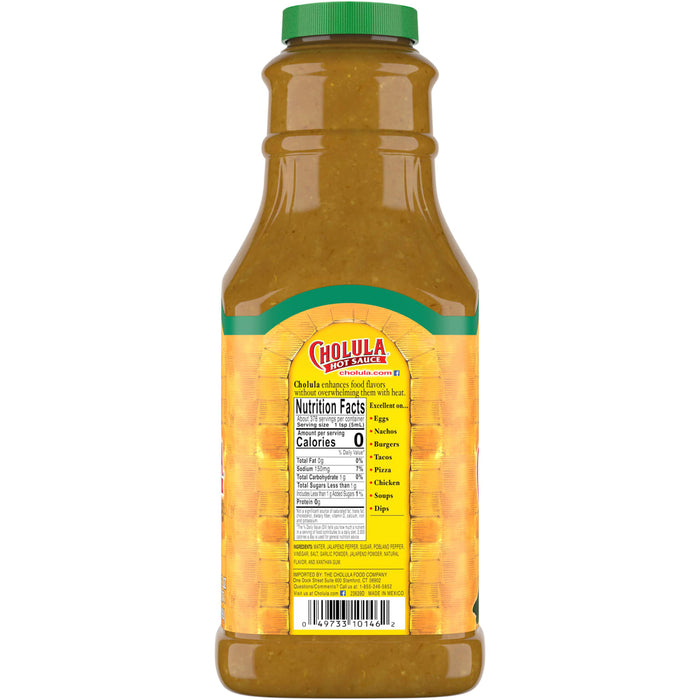 A bottle of Cholula Hot Sauce with nutritional information and ingredients listed on the label.