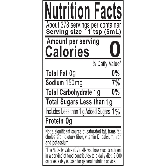 Nutrition facts label for a product with 0 calories per serving.