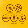 An infographic for Cholula Original Hot Sauce displays five circular icons on a yellow background, indicating low sodium, sugar free, kosher, gluten free, and vegan characteristics.