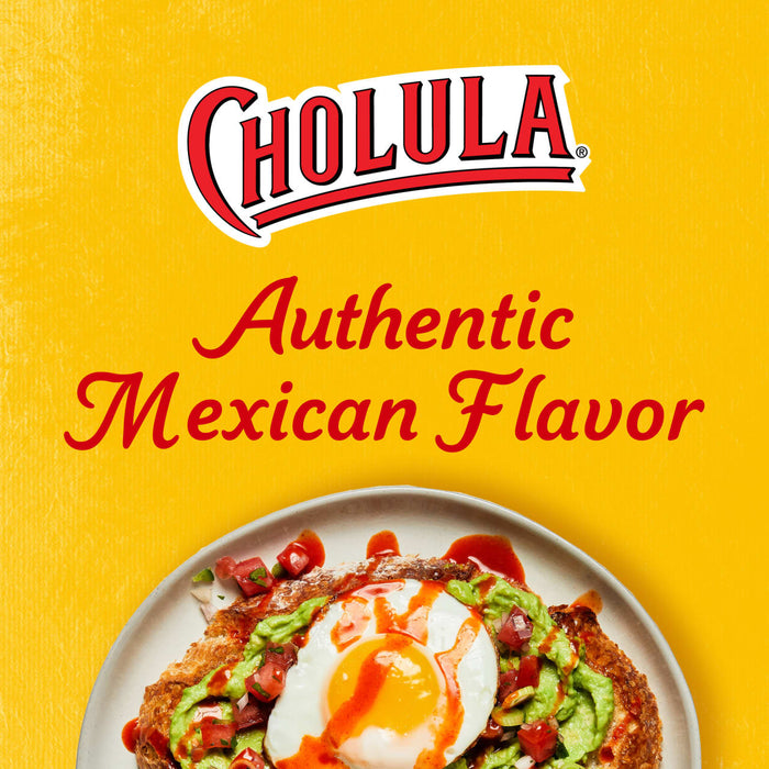 The Cholula Original Hot Sauce logo and text Authentic Mexican Flavor are displayed above a plate of avocado toast topped with a fried egg and drizzled with hot sauce.