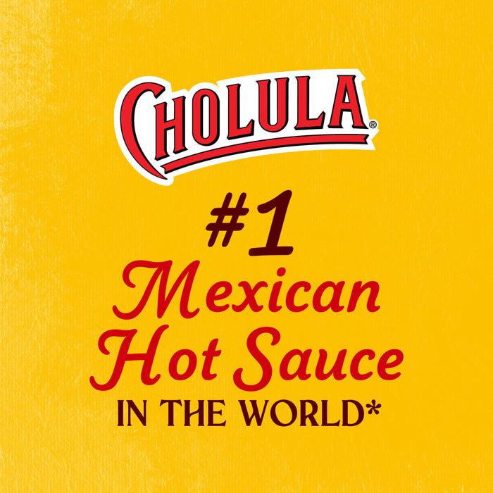 A promotional graphic for Cholula Original Hot Sauce, featuring its logo and the claim #1 Mexican Hot Sauce in the World* on a textured yellow background.