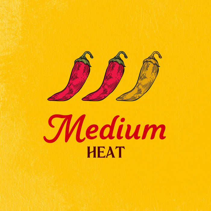 An illustration for Cholula Original Hot Sauce showing three chili peppers, two red and one yellow, above the text Medium HEAT