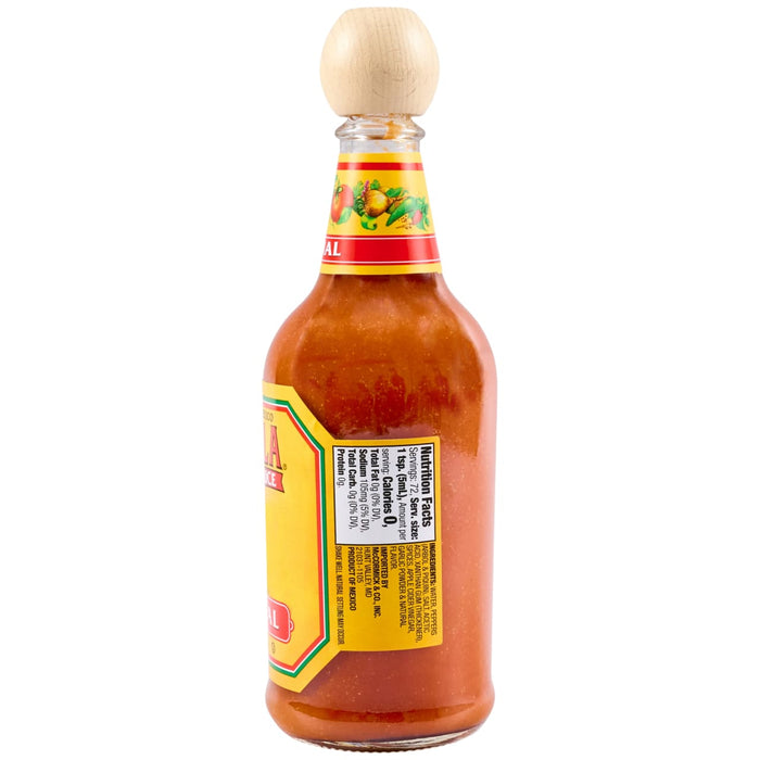 A bottle of Cholula Original Hot Sauce, imported by McCormick &amp; Co. Inc., stands upright, showing its yellow label with nutrition facts and ingredients.