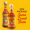 Two bottles of Cholula Original Regular Hot Sauce Regular 12 Oz are featured in an advertisement against a yellow background, announcing a new package with the same loved taste.