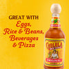 A bottle of Cholula Original Hot Sauce is displayed on a vibrant yellow background, accompanied by text highlighting its versatility as great with eggs, rice &amp; beans, beverages, and pizza.