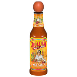 A bottle of Cholula Chili Garlic Hot Sauce.