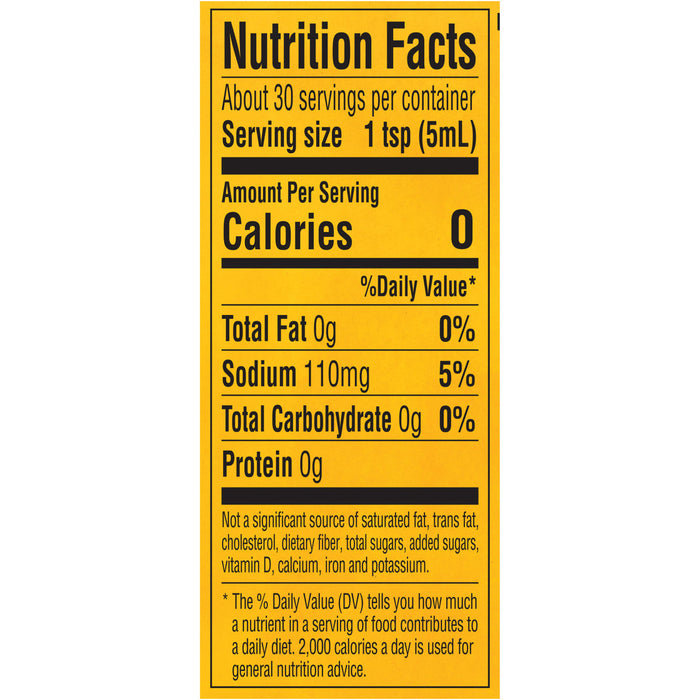 Nutrition facts label for a product with 0 calories per serving.