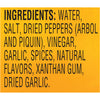 A list of ingredients for a product, including water, salt, dried peppers, vinegar, garlic, spices, natural flavors, xanthan gum, and dried garlic.