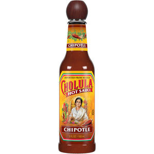 A bottle of Cholula Chipotle Hot Sauce.