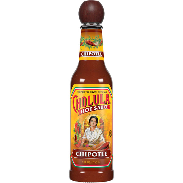 A bottle of Cholula Chipotle Hot Sauce.