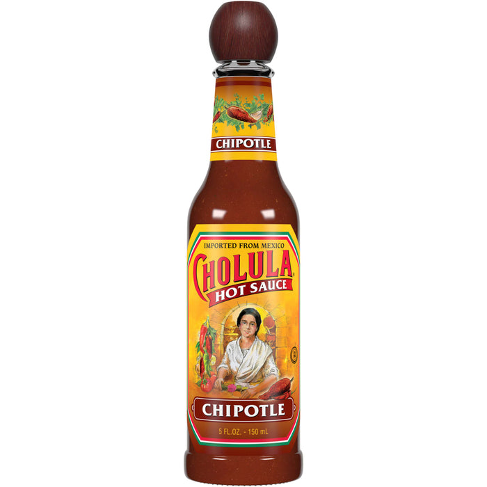 A bottle of Cholula Chipotle Hot Sauce.
